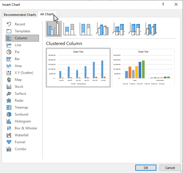 Step 4: Click on the All Charts tab in the Insert Chart window