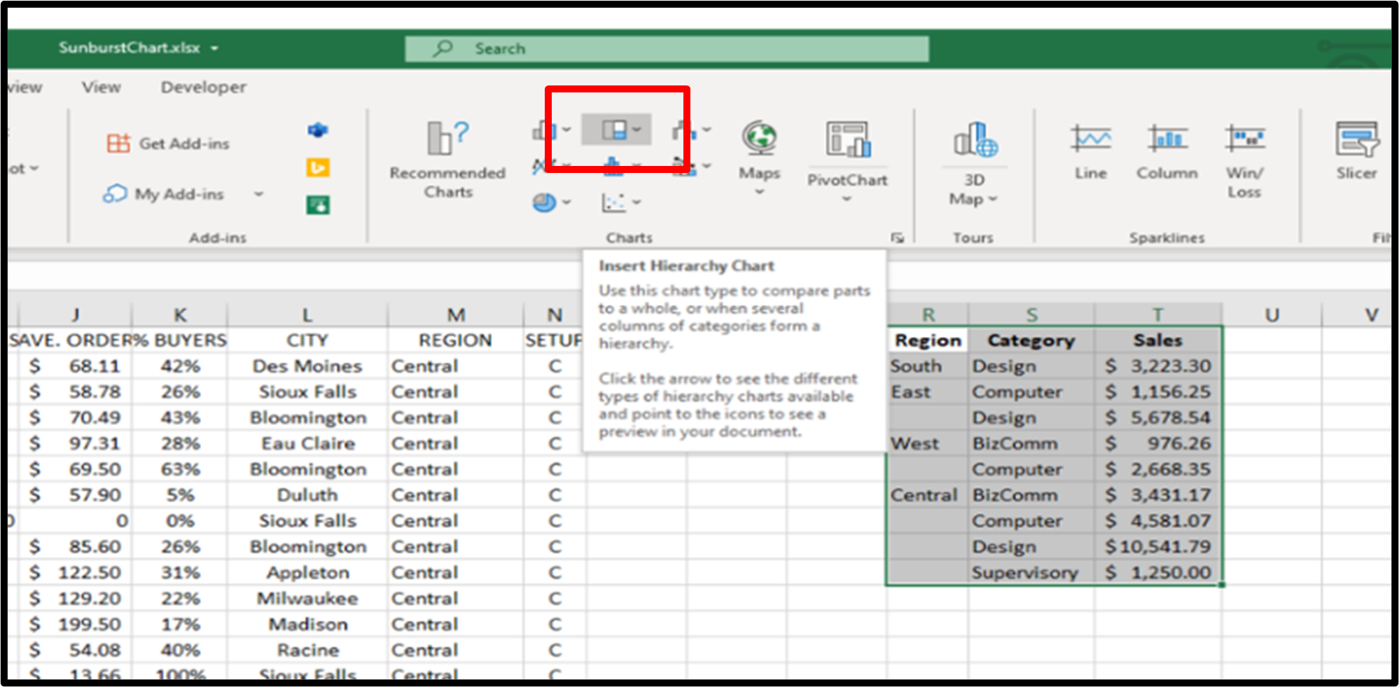 Step 2: Click the Insert Tab, and then Click the Waterfall, Funnel, Stock, Surface or Sunburst button