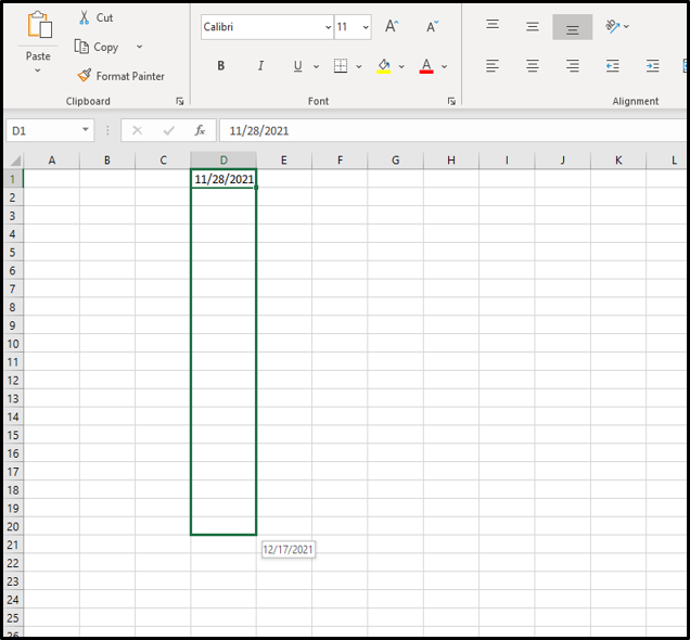 Step 3: While holding the left mouse button, drag through the remaining cells, release when at the end of the range.