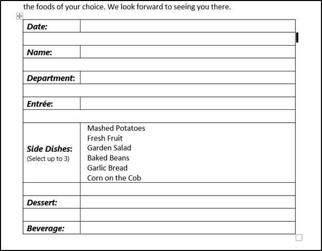 Word Table being converted to fillable form. 