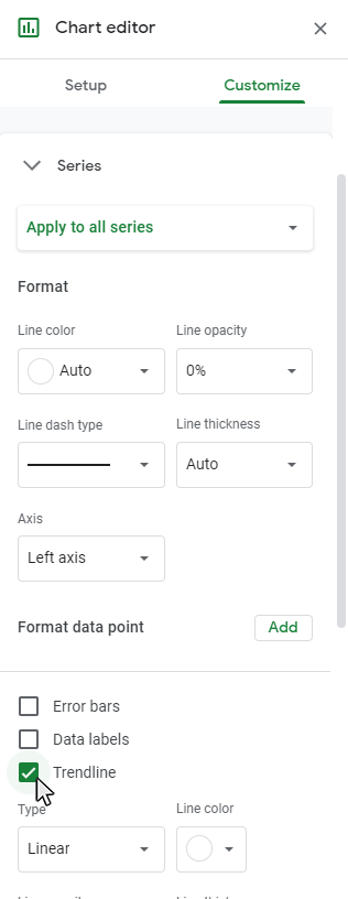 Step 4: Check the Trendline checkbox in the Series Section