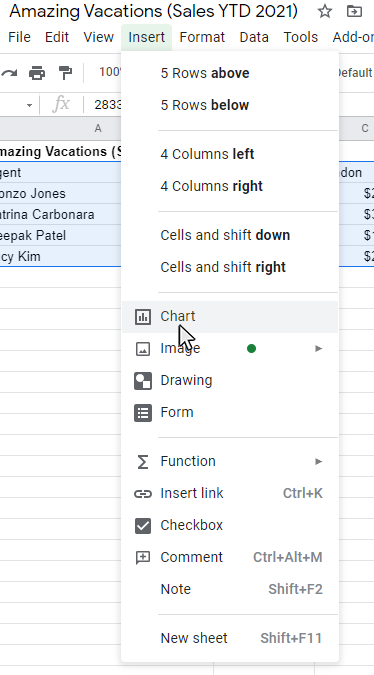 Step 2: Click the Insert option on the main menu, and then click the Chart Option from the submenu