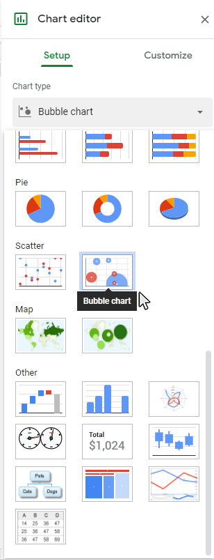 Step 3: Change the Chart type to Bubble Chart